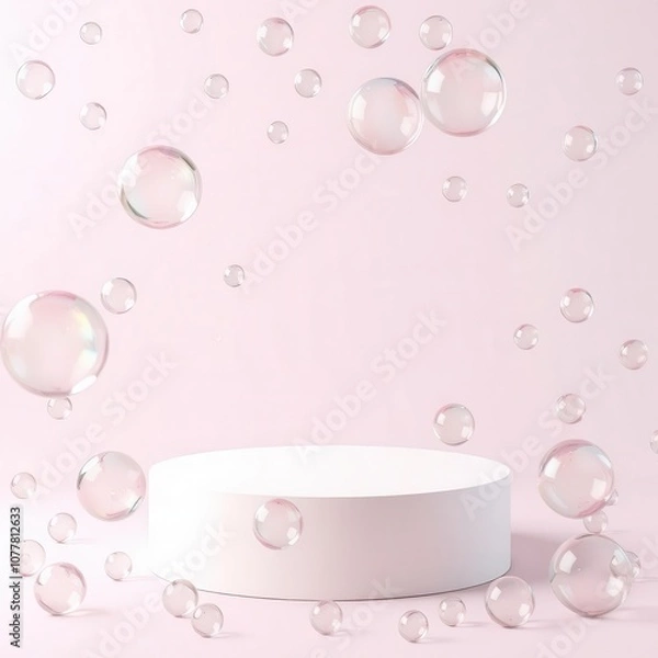 Fototapeta Ethereal low podium enveloped in a towering swirl of iridescent bubbles