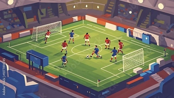 Obraz A corner kick being set up - A detailed vector scene of a soccer field from a bird’s-eye view, showing a corner flag and the ball positioned for a corner kick, with goalposts in the distance.