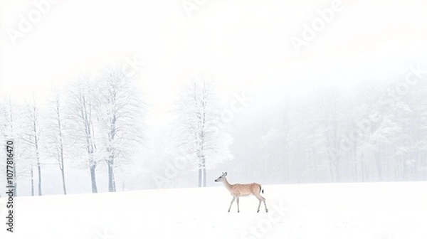 Obraz Beautiful deer stag in the winter forest. Noble deer against snowy trees. Wildlife scene from nature. Christmas and winter holidays concept. Animal in natural landscape