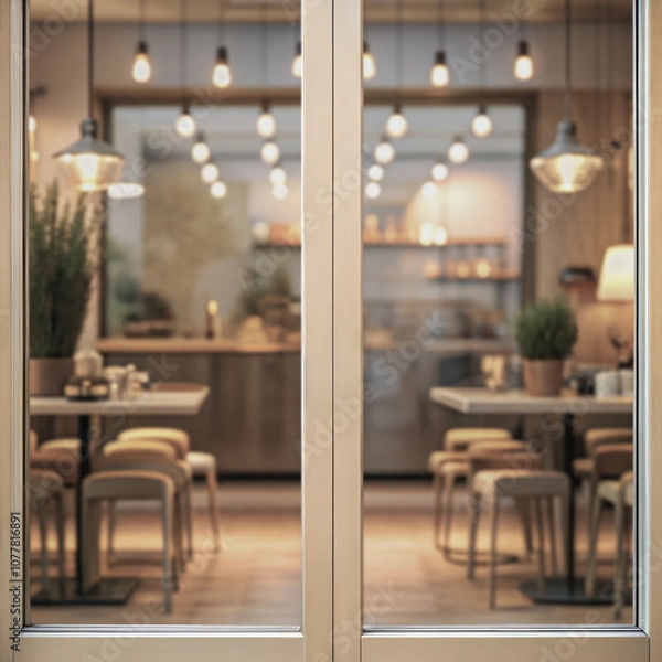 Fototapeta Logo poster promotion design mockup. Blank empty clear glass doors frame for advertising banner template mock up displayed at the front of wooden beige cafe bar restaurant or coffee shop