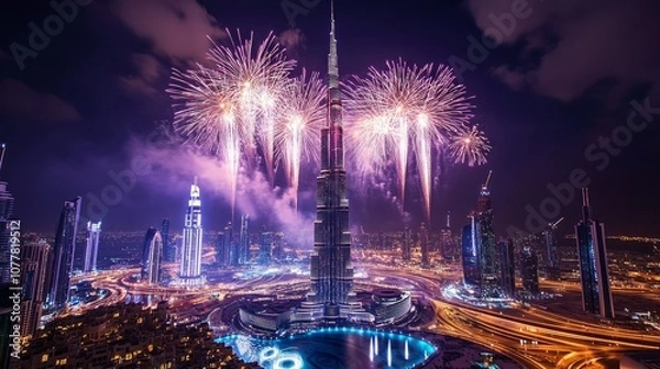 Obraz Fireworks explode over the Dubai skyline, illuminating the city in a vibrant display of color and light.