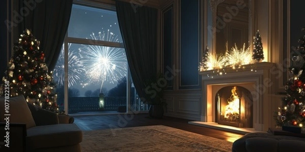 Fototapeta Luxury home New Year's Eve celebration with a view of fireworks outside,space for text
