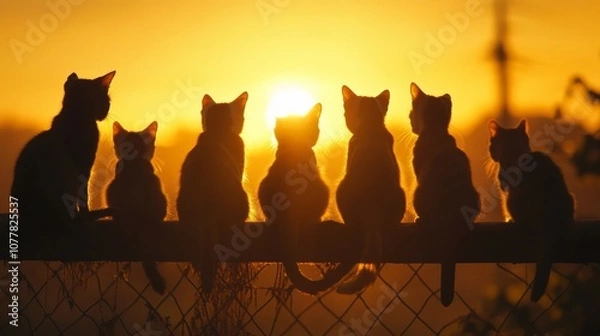 Obraz Seven cats silhouetted against a bright orange sunset, sitting on a fence, looking out towards the horizon.