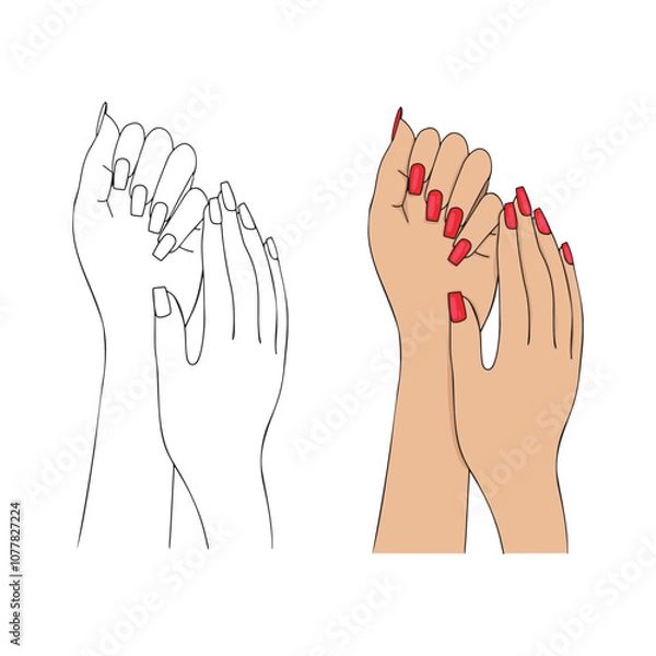Fototapeta square nail design vector sketch coloring book. elegant female two hands vector outline