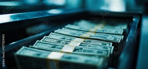Fototapeta Close up of a drawer with stacks of hundred dollar bills, cash money.