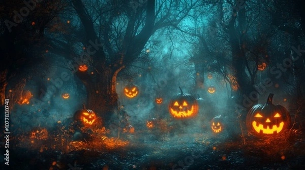 Fototapeta Jack-o'-Lanterns Glowing in a Foggy Halloween Forest