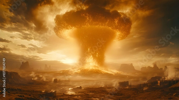 Obraz Desolate Landscape with Giant Mushroom Cloud Illustration