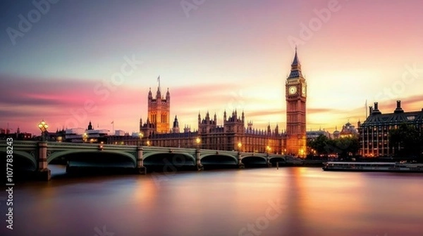 Obraz The Houses of Parliament and Big Ben in London at sunset, with the River Thames in the foreground.