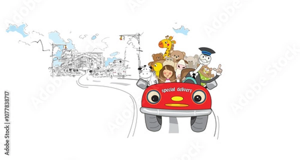Fototapeta illustrations of many cartoon characters in a red car.red car illustration in the city road. for tshirt, banner, poster