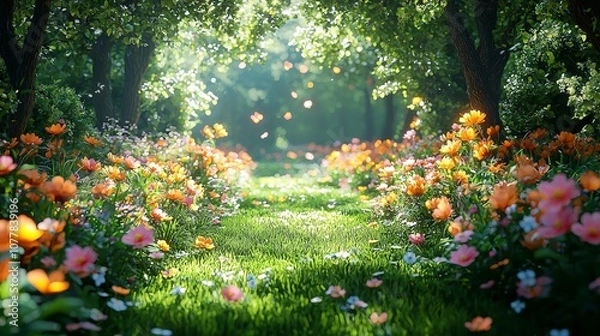 Fototapeta A vibrant garden path adorned with colorful flowers and dappled sunlight.