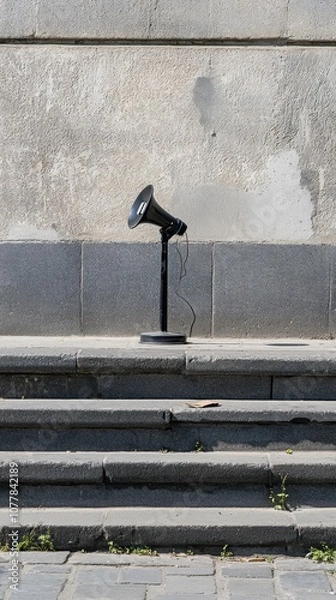 Fototapeta A black megaphone stands alone on stone steps against a textured wall.
