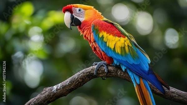 Fototapeta Vibrant Macaw Parrot Perched on a Branch in a Tropical Rainforest
