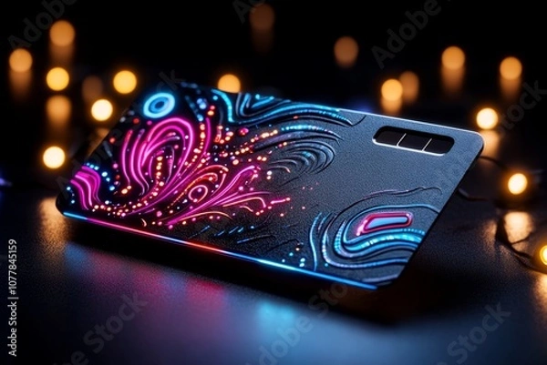 Fototapeta A cyberpunk-style keycard with digital patterns and vibrant colors, symbolizing modern technology and access