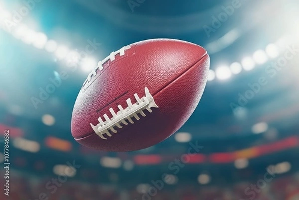 Fototapeta A close-up of an American football in mid-air, with a blurry stadium and crowd in the background.