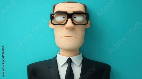 Fototapeta Professional Animated Character in Suit with Glasses Displaying a Serious Expression Against a Solid Color Background, Ideal for Business and Creative Uses