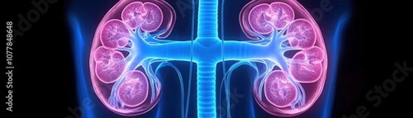 Fototapeta Vibrant Illustration of Human Kidneys with Detailed Structure in Glowing Colors Showcasing Nephrons, Blood Vessels, and Urinary System Anatomy for Educational Purposes