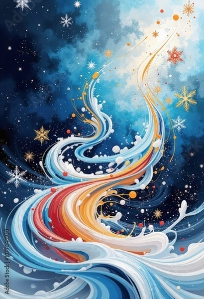 Fototapeta Abstract Christmas Card: Vibrant Winter Night Scene with Stylized Trees and Snowflakes in Blue and Gold. 抽象的クリスマスカード：青と金の鮮やかな冬の夜景、様式化された木と雪の結晶のモダンデザイン。