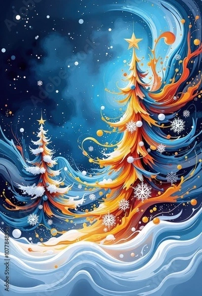 Fototapeta Abstract Christmas Card: Vibrant Winter Night Scene with Stylized Trees and Snowflakes in Blue and Gold. 抽象的クリスマスカード：青と金の鮮やかな冬の夜景、様式化された木と雪の結晶のモダンデザイン。