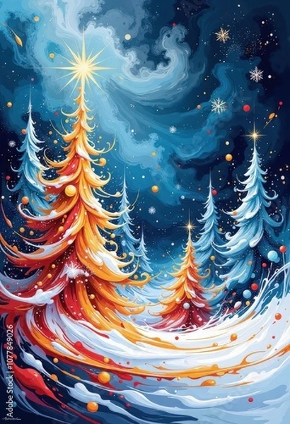 Fototapeta Abstract Christmas Card: Vibrant Winter Night Scene with Stylized Trees and Snowflakes in Blue and Gold. 抽象的クリスマスカード：青と金の鮮やかな冬の夜景、様式化された木と雪の結晶のモダンデザイン。