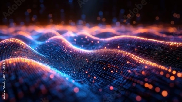 Fototapeta Abstract digital landscape with glowing waves and particles.