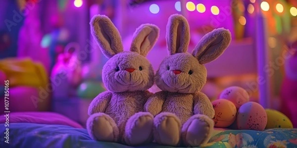 Fototapeta Bunny Plush Toys in Easter Setting