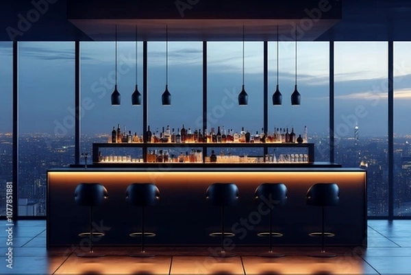 Obraz 高層ビルからの夜景を楽しむモダンなラウンジバー | Modern Lounge Bar with City Skyline Night View