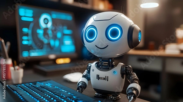 Fototapeta Friendly Robot Illustration with a Computer