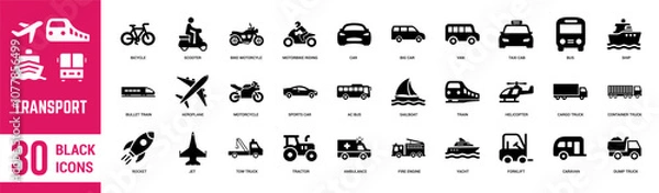 Obraz Transport solid icons set. Transport, motorcycle, ship, cycle, van, bus, train, truck, aeroplane, helicopter and car. Vector illustration