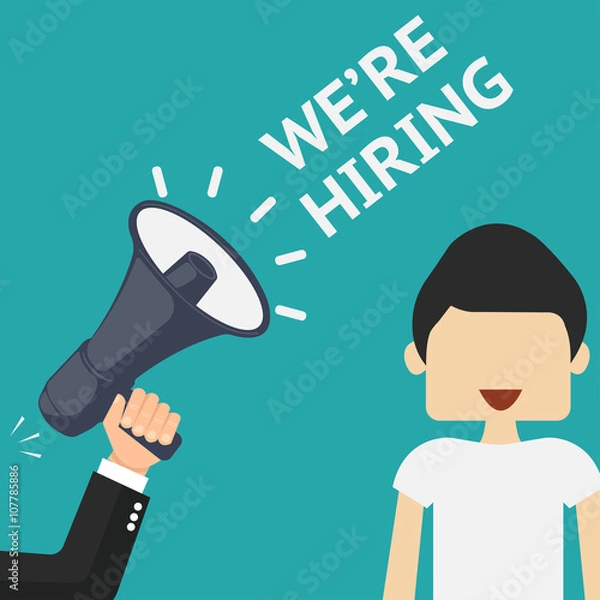 Fototapeta Hand holding megaphone with bubble speech hiring a manager