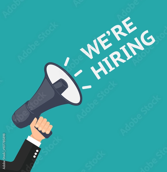 Fototapeta Hand holding megaphone with bubble speech hiring template