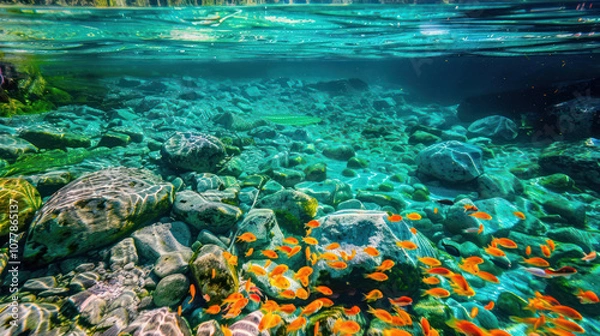 Fototapeta A crystal-clear lake with water so transparent that you can see the colorful rocks and fish below the surface