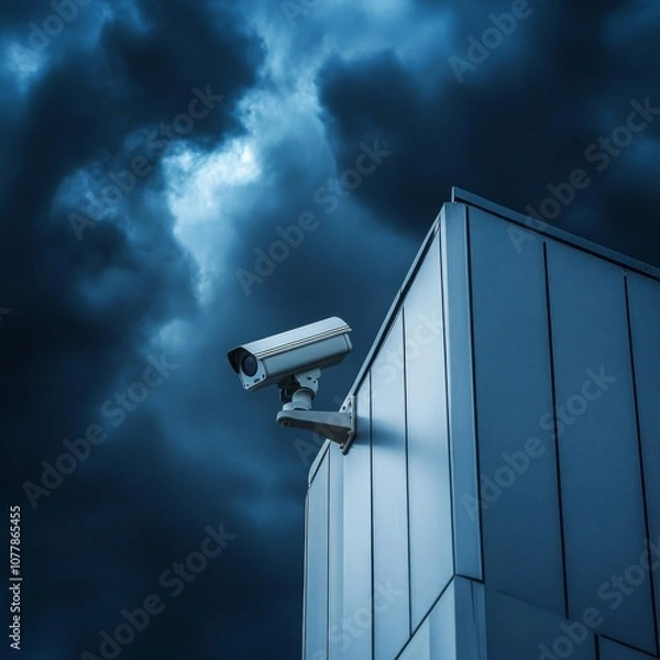 Fototapeta Surveillance Camera Mounted on a Building Against a Cloudy Sky