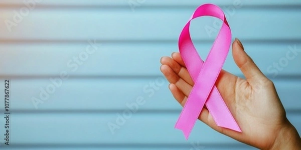 Fototapeta Hand holding pink cancer awareness ribbon with copy space, symbolizing support and hope. 