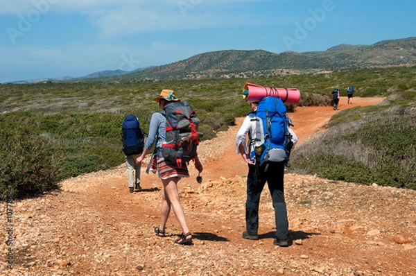 Fototapeta group of tourists with large backpacks are on road sea