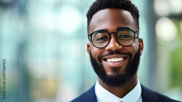 Fototapeta A smiling man in a suit and glasses, set against a blurred background, radiates confidence and professionalism.
