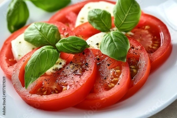 Fototapeta Close-up of a Caprese Salad with Fresh Basil and Black Pepper