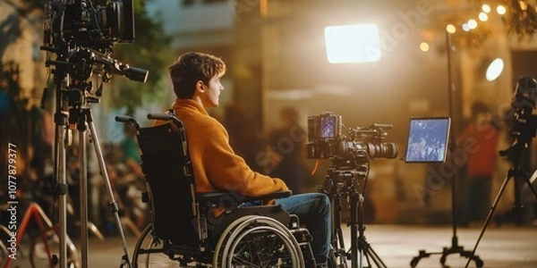 Fototapeta An actor with disabilities preparing on set or participating in a media production