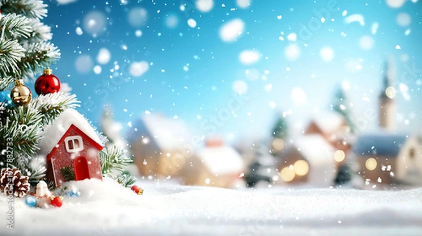 Fototapeta cozy winter scene featuring small red house, snow covered trees, and falling snowflakes creates festive atmosphere. blurred village in background adds charm