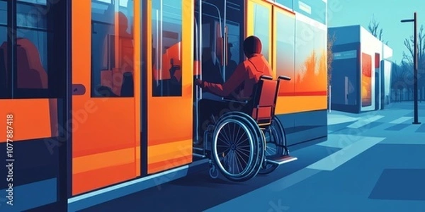 Fototapeta A person in a wheelchair boarding an accessible bus or train with an inclusive environment