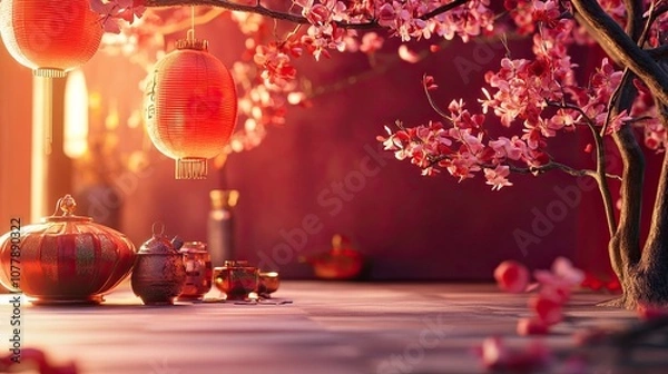 Fototapeta Creating a festive atmosphere during the Spring Festival at home. There is no text or logo on any item, commercial photography, generative ai
