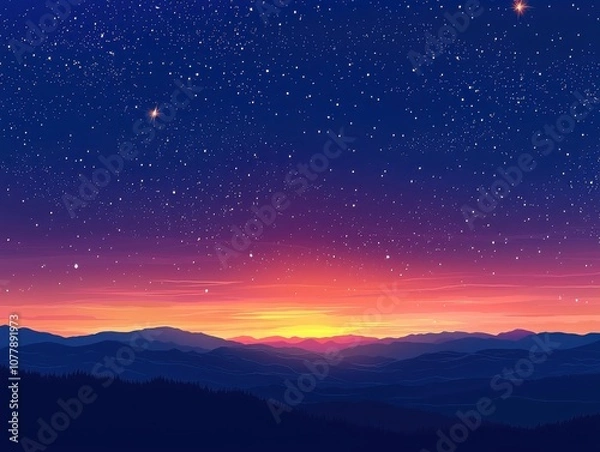Fototapeta Capture the enchantment of a dreamy twilight sky adorned with soft golden stars in watercolor art