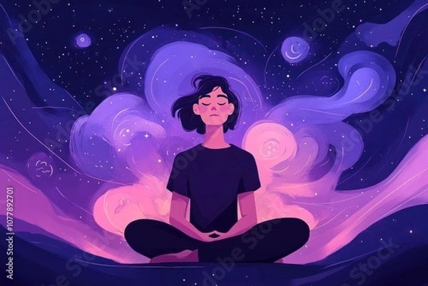 Fototapeta A serene figure meditating amidst a cosmic background of stars and colorful swirls.