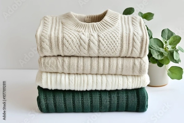 Fototapeta Stack of folded knitted sweaters in neutral tones