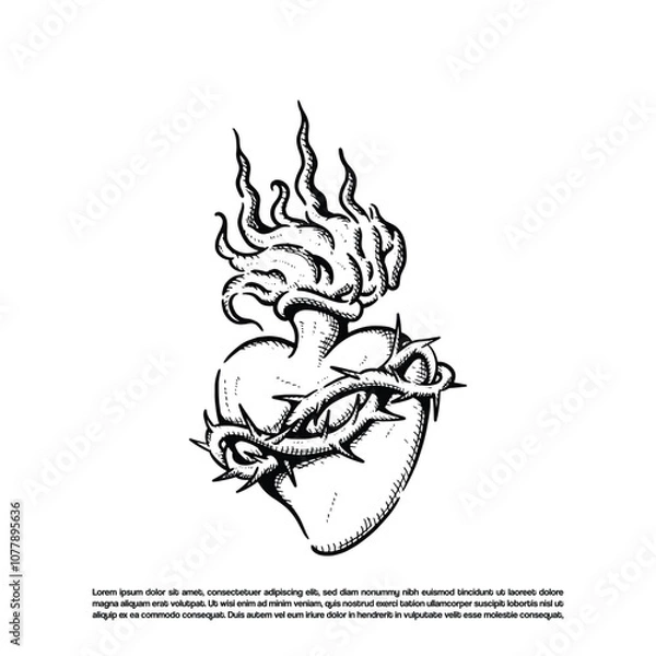 Obraz Vintage retro hand drawn heart fire with sharp thorn and flame vector art illustration
