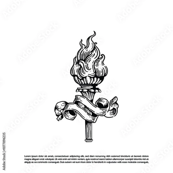 Obraz Vintage retro hand drawn torch flame with ribbon vector illustration