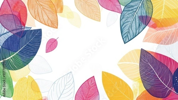 Fototapeta A colorful arrangement of transparent leaves creating a vibrant border against a white background.