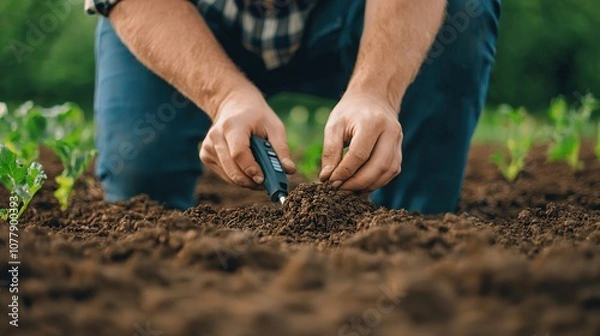 Fototapeta A farmer checking soil health with a handheld testing device in a regenerative farm