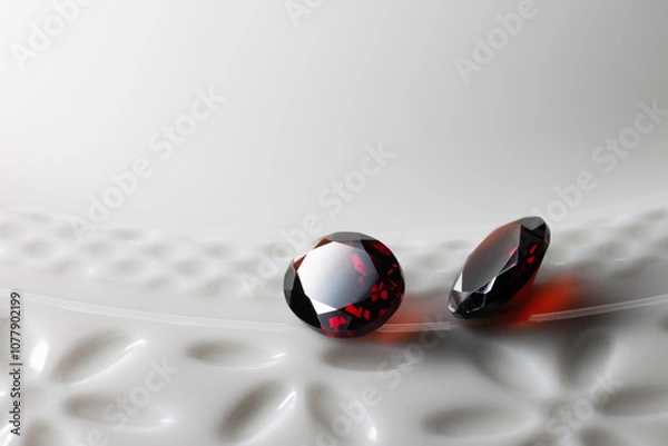 Obraz  deep red garnet crystal on white plate.