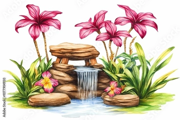 Obraz Serene Waterfall Surrounded by Tropical Flora and Vibrant Flowers in a Lush Garden Setting for Tranquil Nature Scene