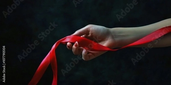 Fototapeta Hands holding a red ribbon, symbolizing unity and support,space for text
